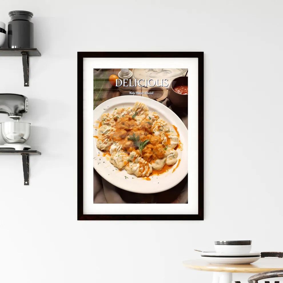 A Poster of Ravioli with tomato sauce - A Pl Framed Print