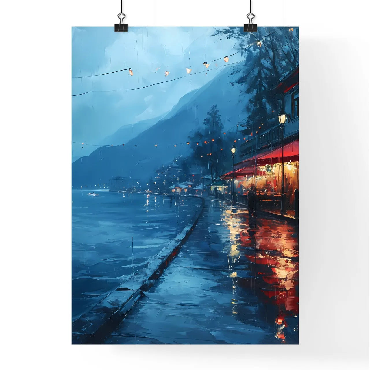 A Poster of Cafe warm lamp lakeside - A Street With Buildings And Lights On The Side Of A Lake Poster