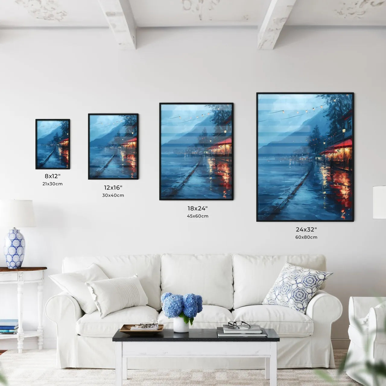 A Poster of Cafe warm lamp lakeside - A Street With Buildings And Lights On The Side Of A Lake Size Chart