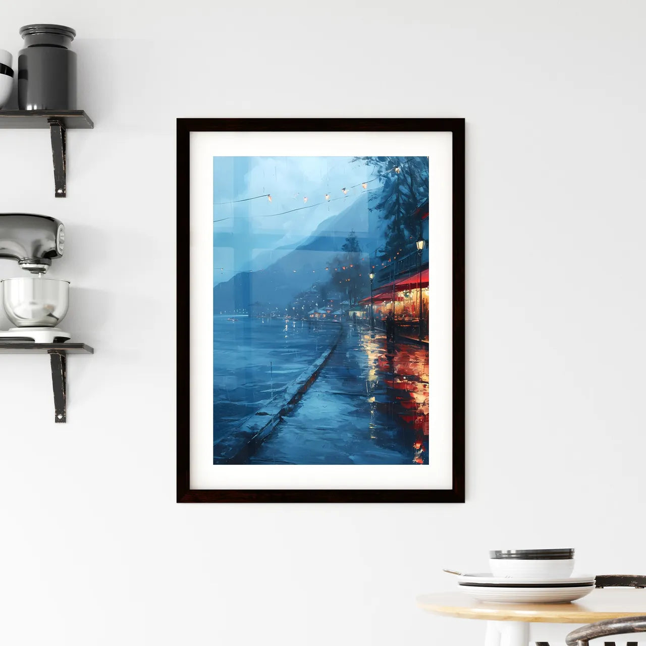 A Poster of Cafe warm lamp lakeside - A Street With Buildings And Lights On The Side Of A Lake Custom Print