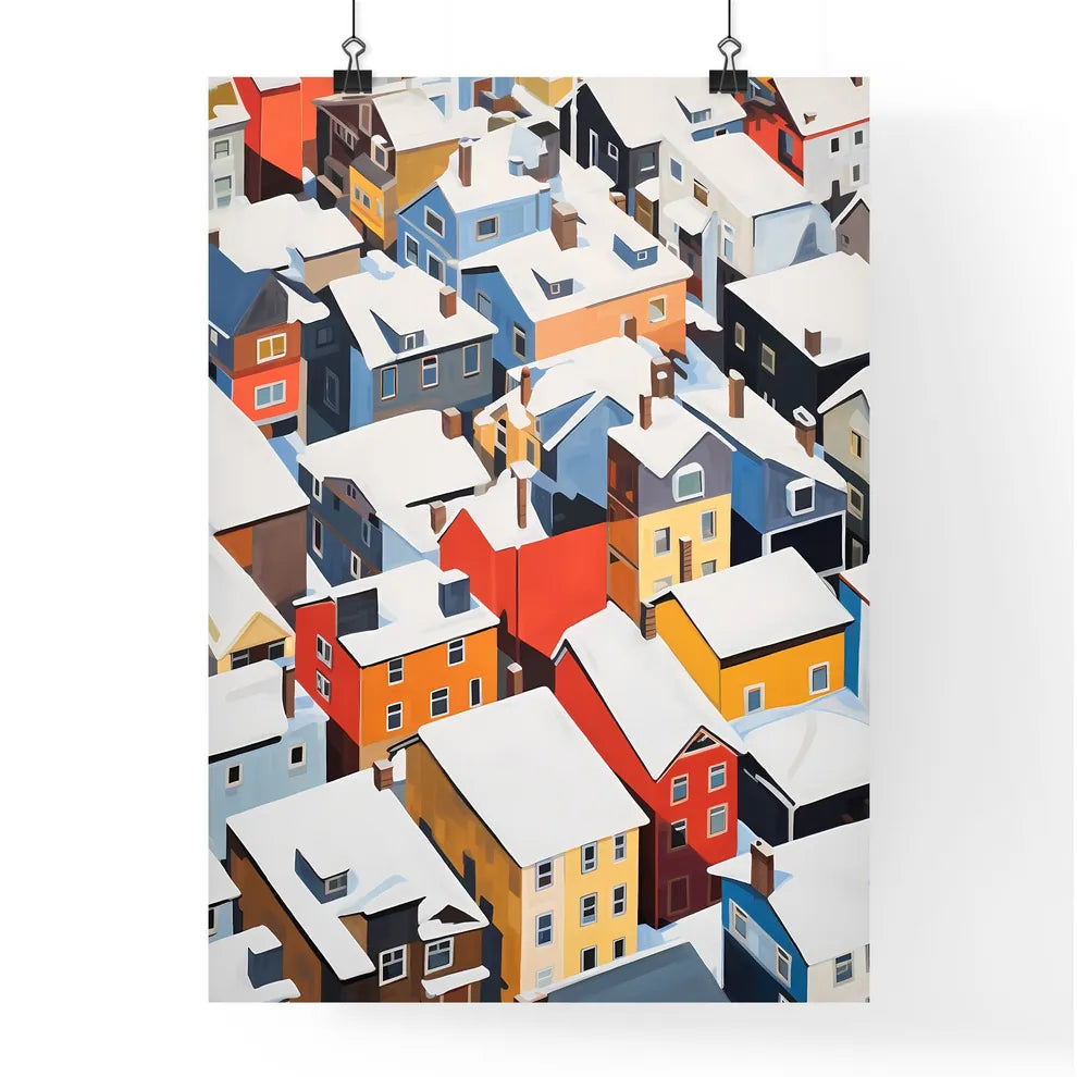 A Poster of snowy urban roofs seen from above - A Group Of Colorful Buildings Covered In Snow Poster