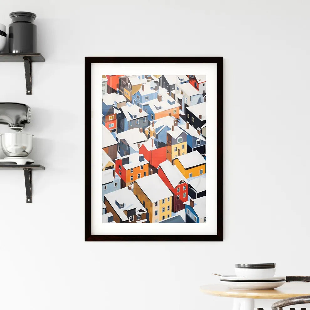 A Poster of snowy urban roofs seen from above - A Group Of Colorful Buildings Covered In Snow Custom Print