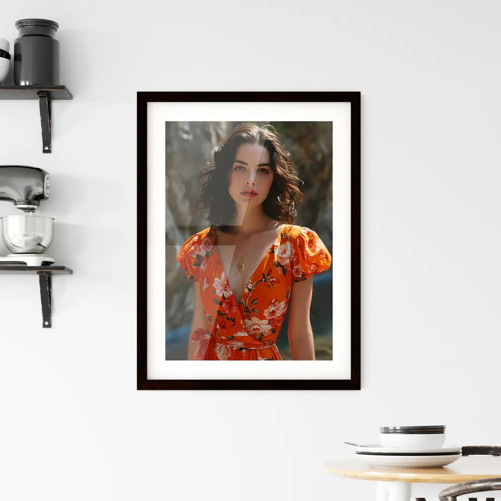 A Poster of a beautiful woman posing next to Framed Print