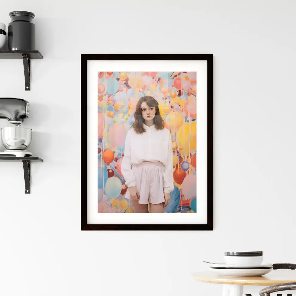 A Poster of girl standing on a pastel backgr Framed Print