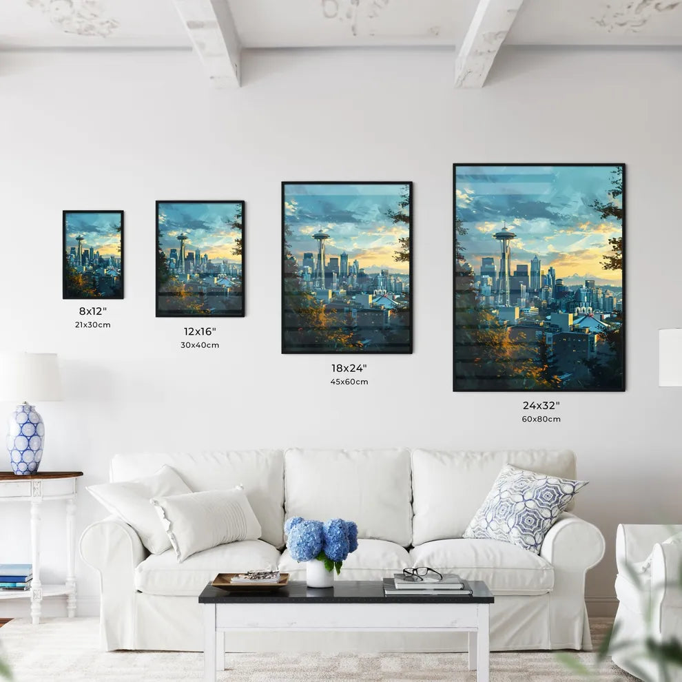 A Poster of Seattle Skyline - A Cityscape With Trees And A Sky Scraper Size Chart
