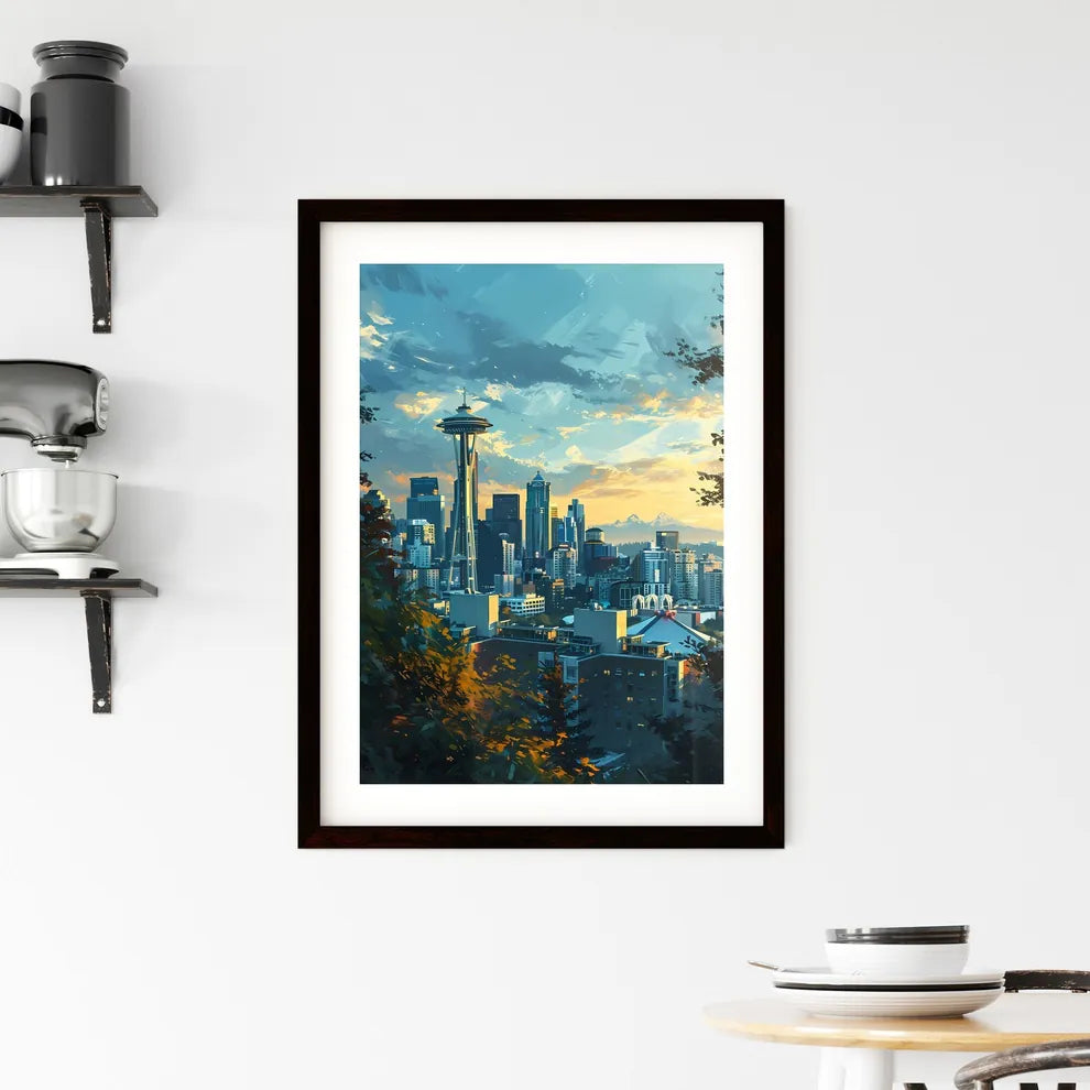 A Poster of Seattle Skyline - A Cityscape With Trees And A Sky Scraper Custom Print