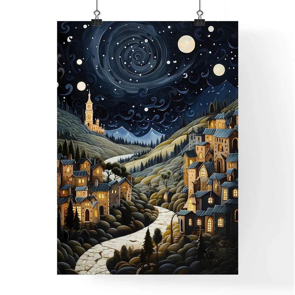 A Poster of painting of a night scene - A Painting Of A Town With A Road And Trees Poster