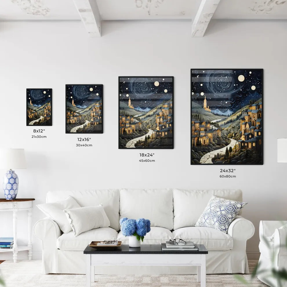 A Poster of painting of a night scene - A Painting Of A Town With A Road And Trees Size Chart