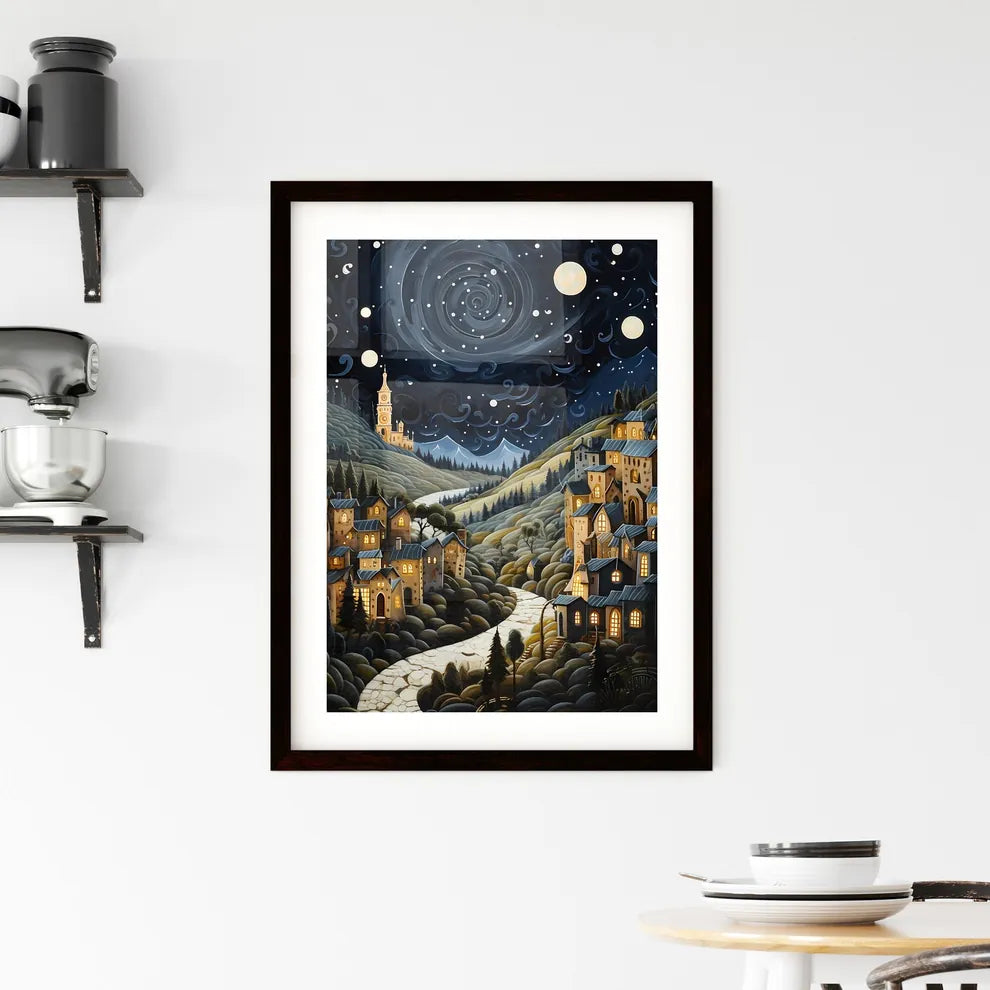 A Poster of painting of a night scene - A Painting Of A Town With A Road And Trees Custom Print