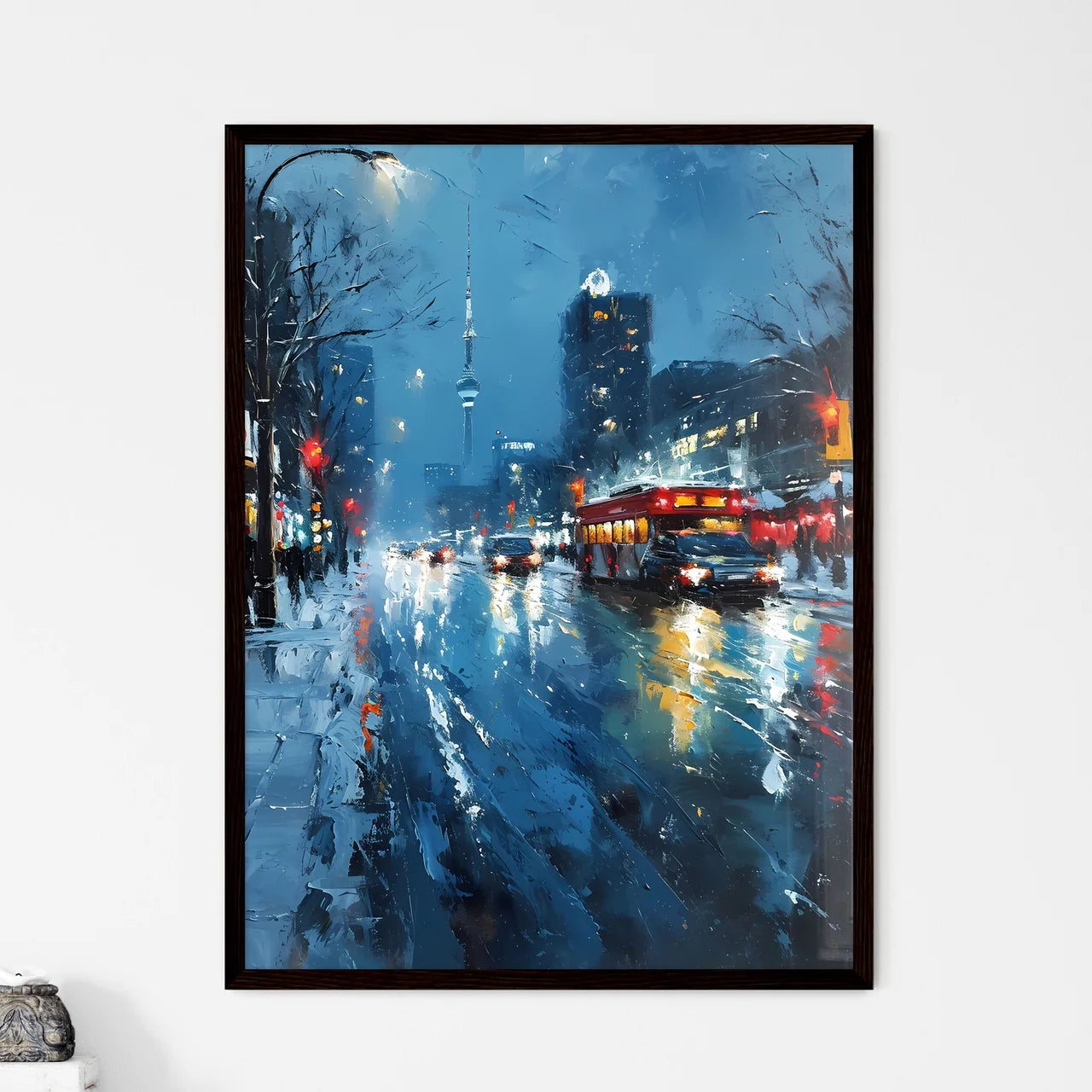 A Poster of Berlin Germany Skyline - A City Street With Cars And A Bus On It Framed Art