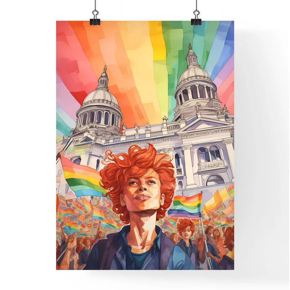 A Poster of lgbt pride illustration - A Woman With Red Hair And Rainbow Flag In Front Of A Building Poster