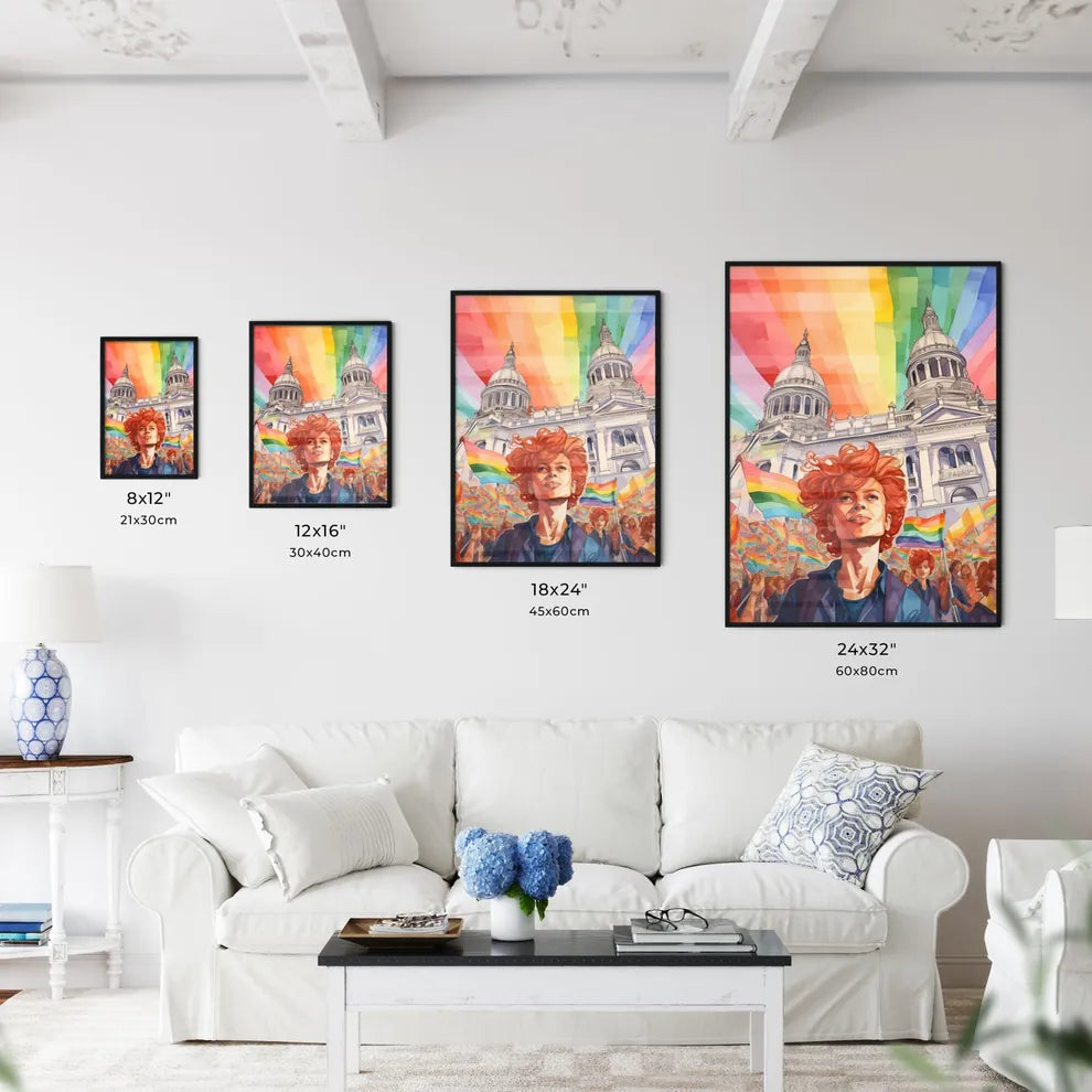A Poster of lgbt pride illustration - A Woman With Red Hair And Rainbow Flag In Front Of A Building Size Chart