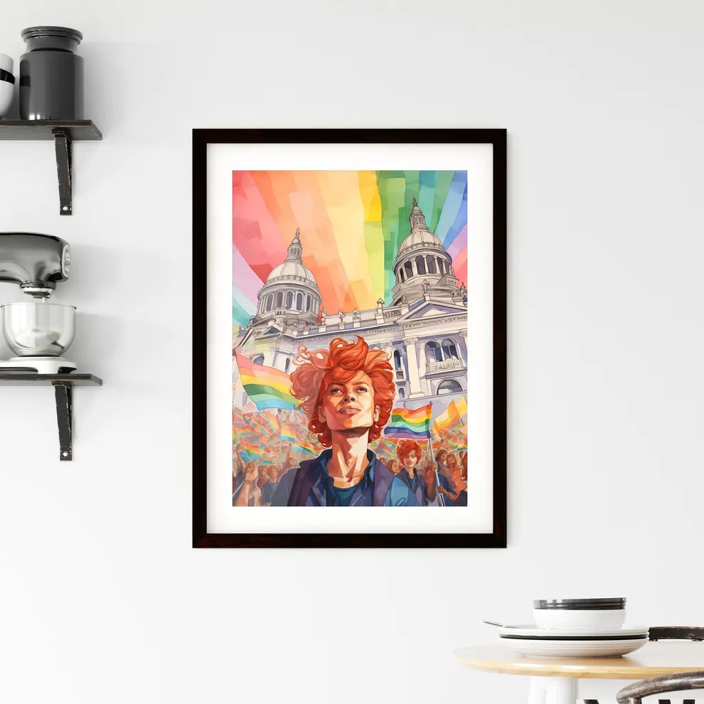 A Poster of lgbt pride illustration - A Woman With Red Hair And Rainbow Flag In Front Of A Building Custom Print
