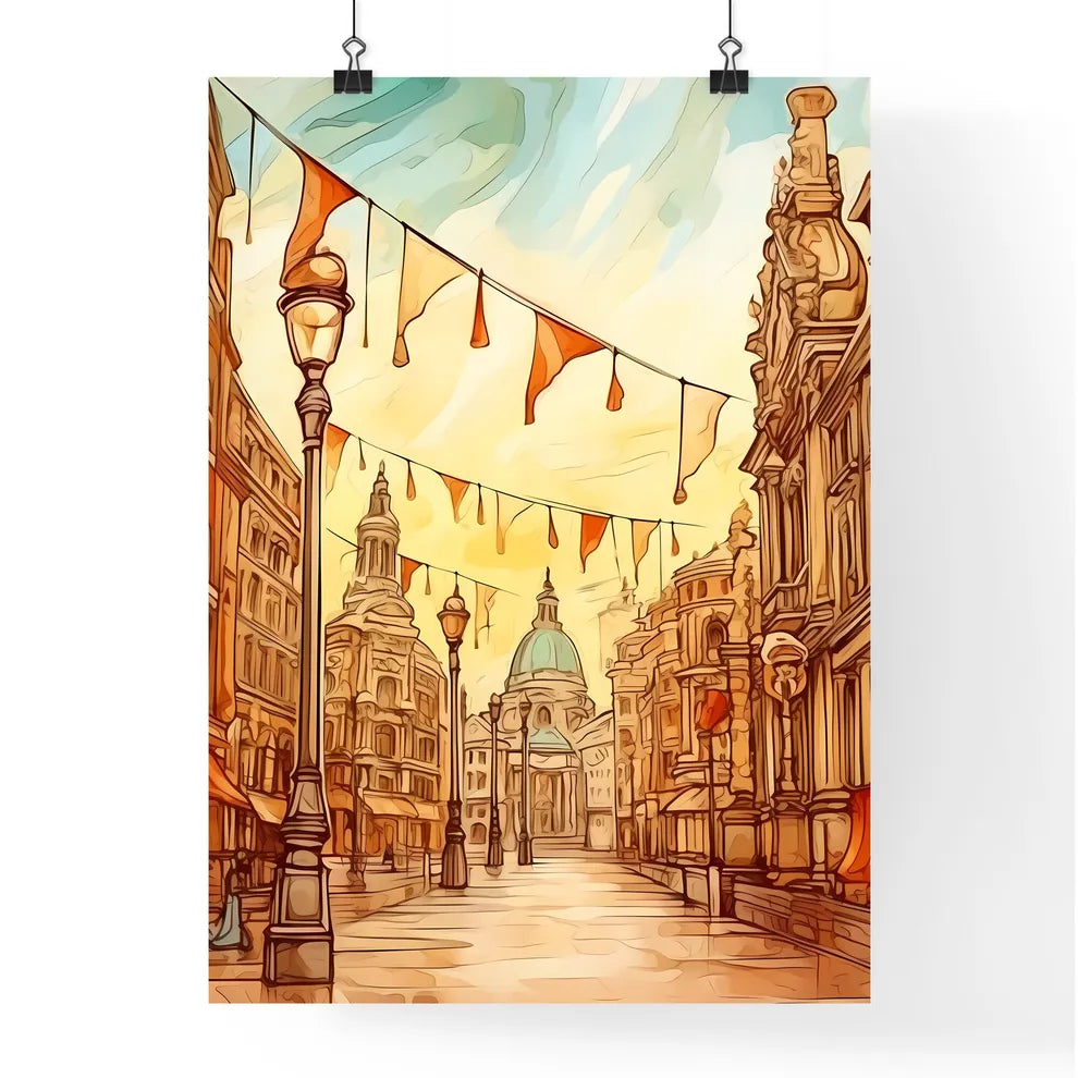 A Poster of Christmas greeting poster with christmas decorations - A Street With Flags And Buildings Poster