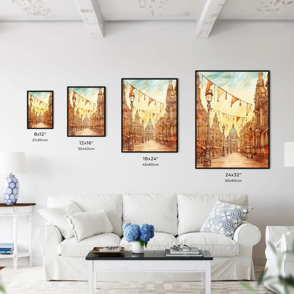 A Poster of Christmas greeting poster with christmas decorations - A Street With Flags And Buildings Size Chart