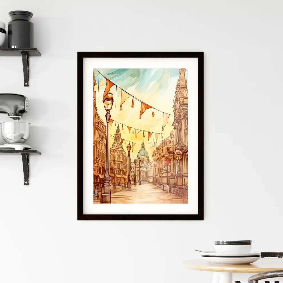 A Poster of Christmas greeting poster with christmas decorations - A Street With Flags And Buildings Custom Print