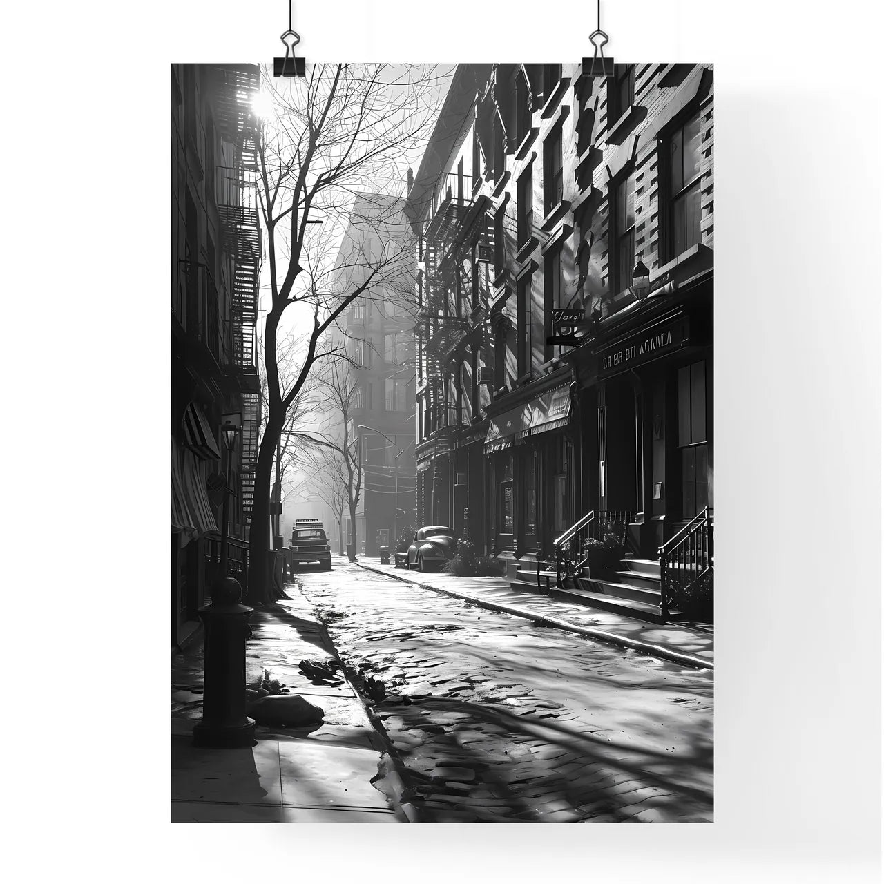 A Poster of art deco minimalism - A Street With Buildings And Cars Poster