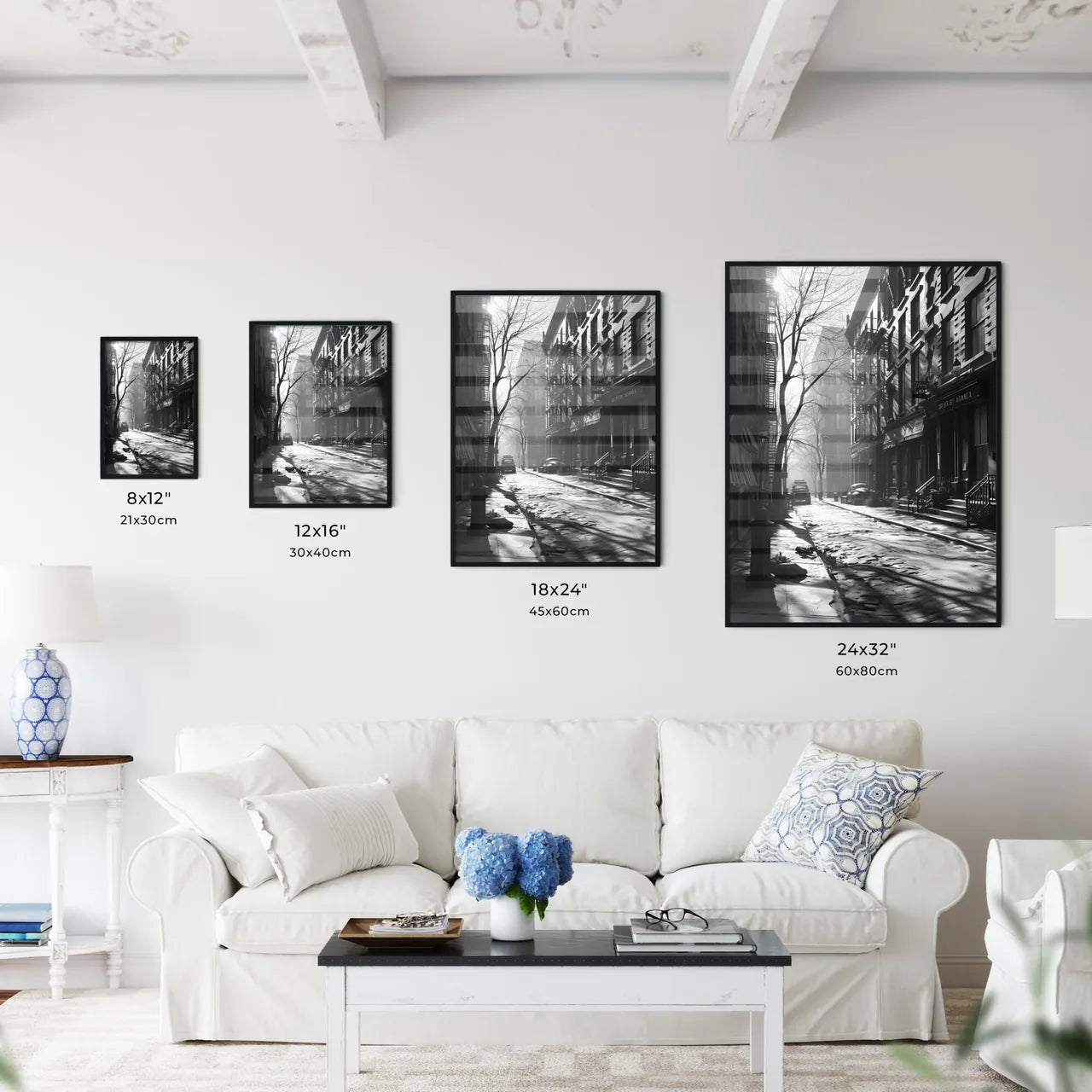 A Poster of art deco minimalism - A Street With Buildings And Cars Size Chart