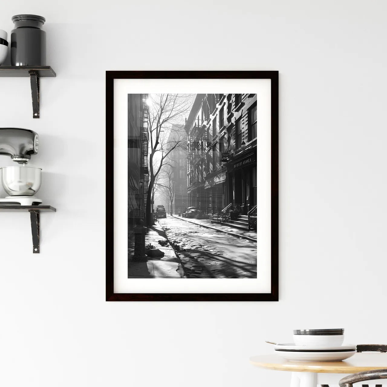 A Poster of art deco minimalism - A Street With Buildings And Cars Custom Print
