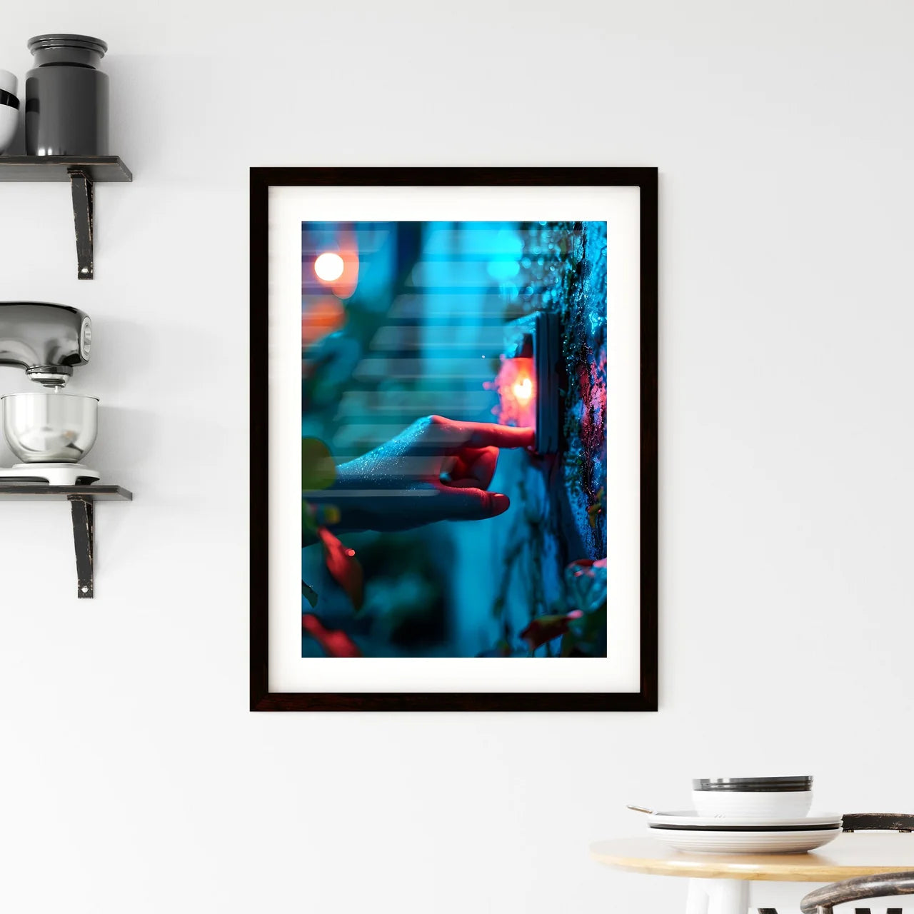 A Poster of photography of a hand turning on  Framed Print