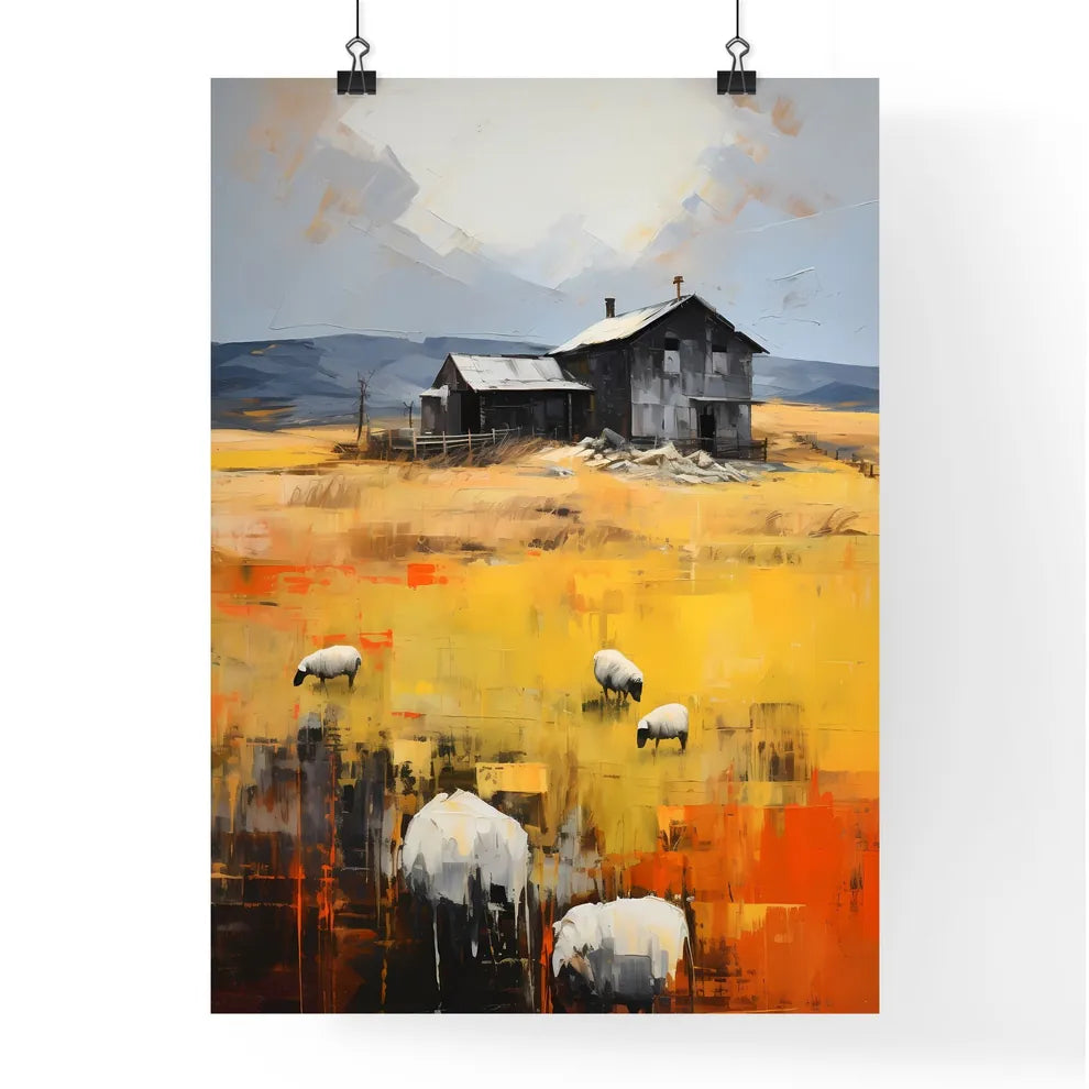 A Poster of Farm on The Plains of Obscurity - A Painting Of A House And Sheep Grazing In A Field Poster