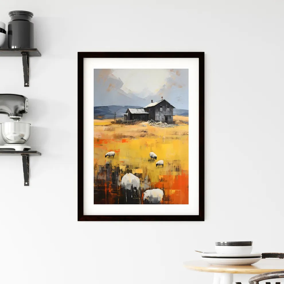 A Poster of Farm on The Plains of Obscurity - A Painting Of A House And Sheep Grazing In A Field Custom Print