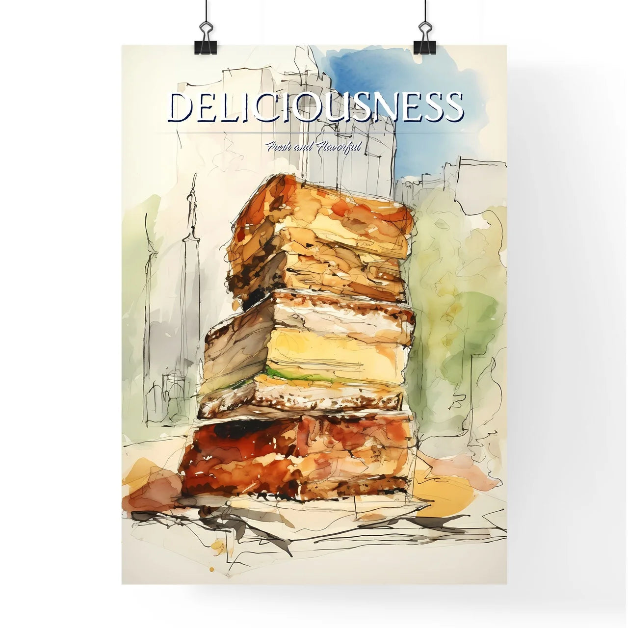A Poster of illustration of a sandwich - A Watercolor Of A Large Stack Of Food Poster