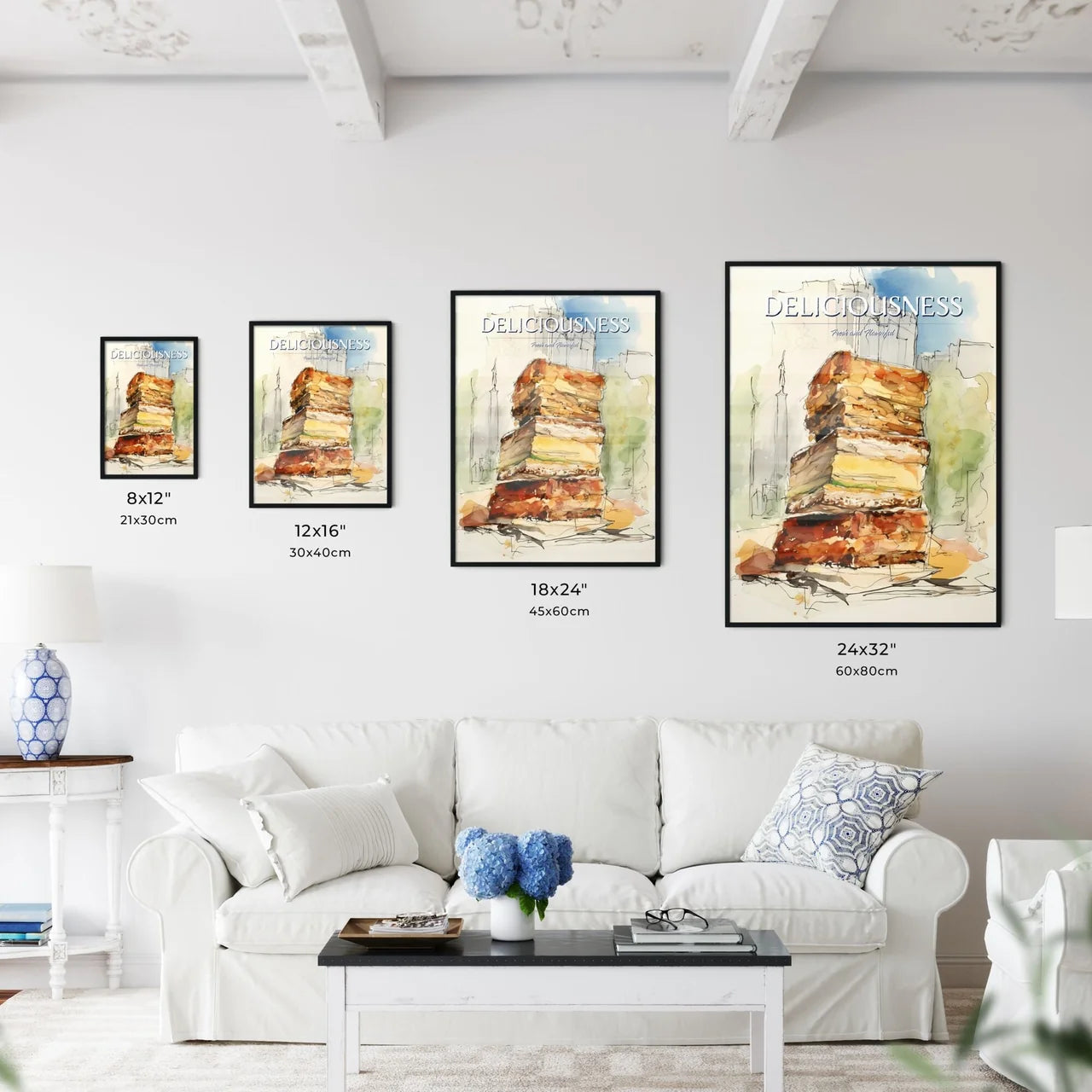 A Poster of illustration of a sandwich - A Watercolor Of A Large Stack Of Food Size Chart