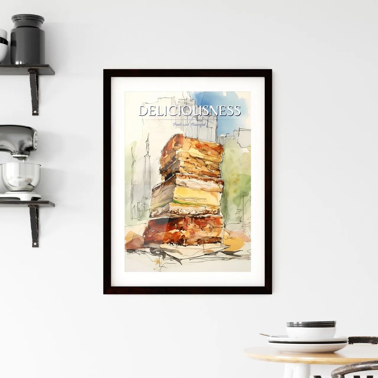 A Poster of illustration of a sandwich - A Watercolor Of A Large Stack Of Food Custom Print