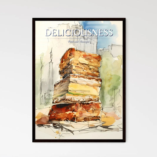 A Poster of illustration of a sandwich - A Watercolor Of A Large Stack Of Food Framed Art