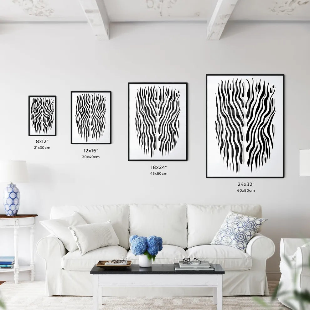 A Poster of linocut line art of a zebras stripes  Size Chart