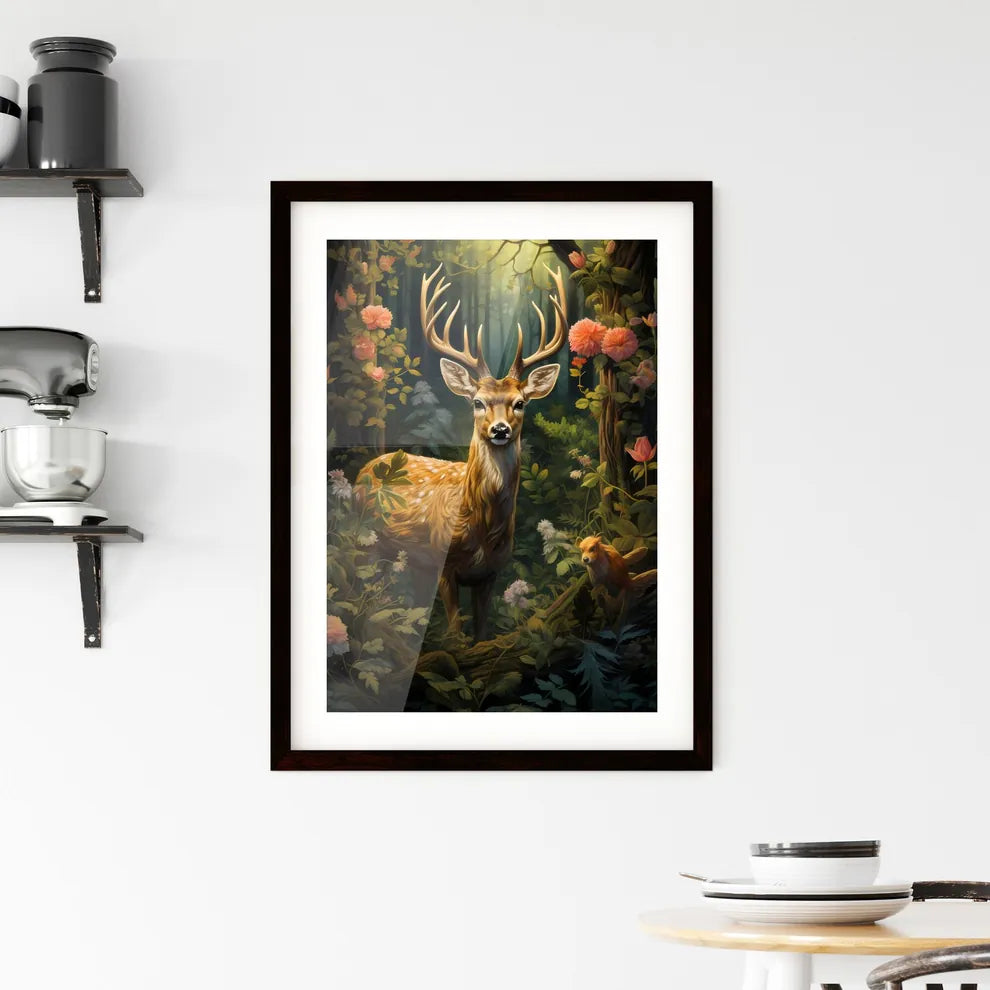 A Poster of deer in the forest  Framed Print