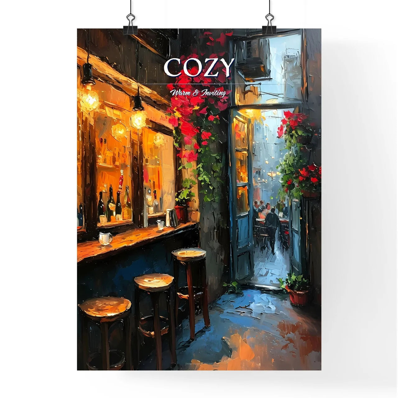 A Poster of bar warm lamp windownight - A Painting Of A Bar With Stools And Flowers Poster