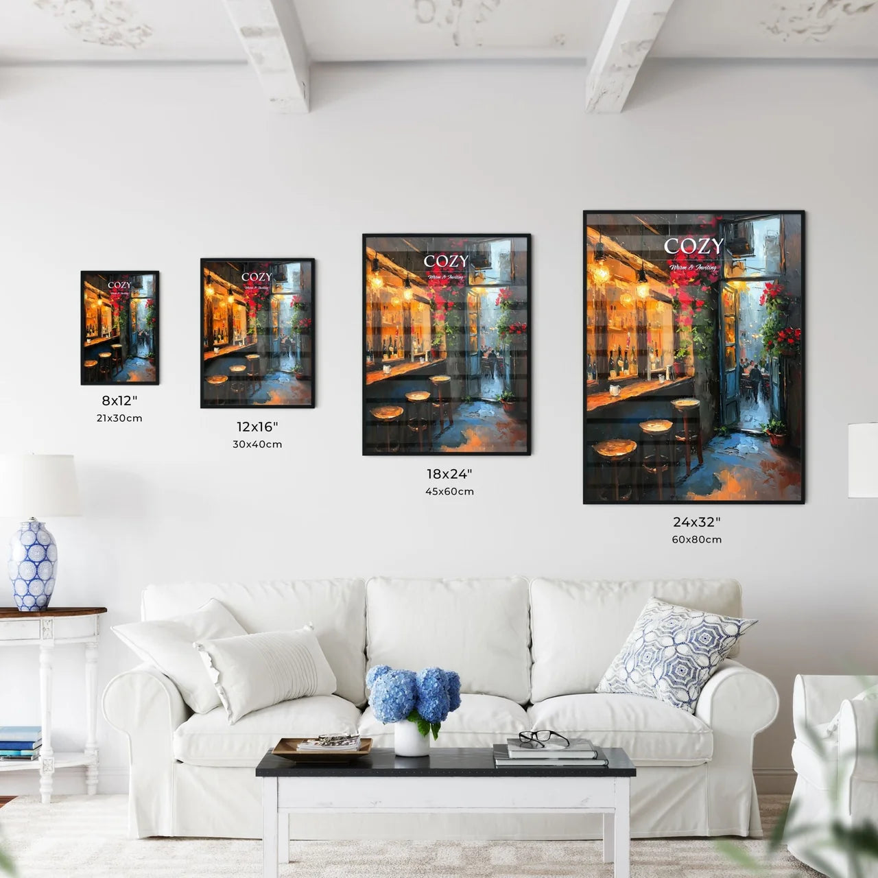 A Poster of bar warm lamp windownight - A Painting Of A Bar With Stools And Flowers Size Chart