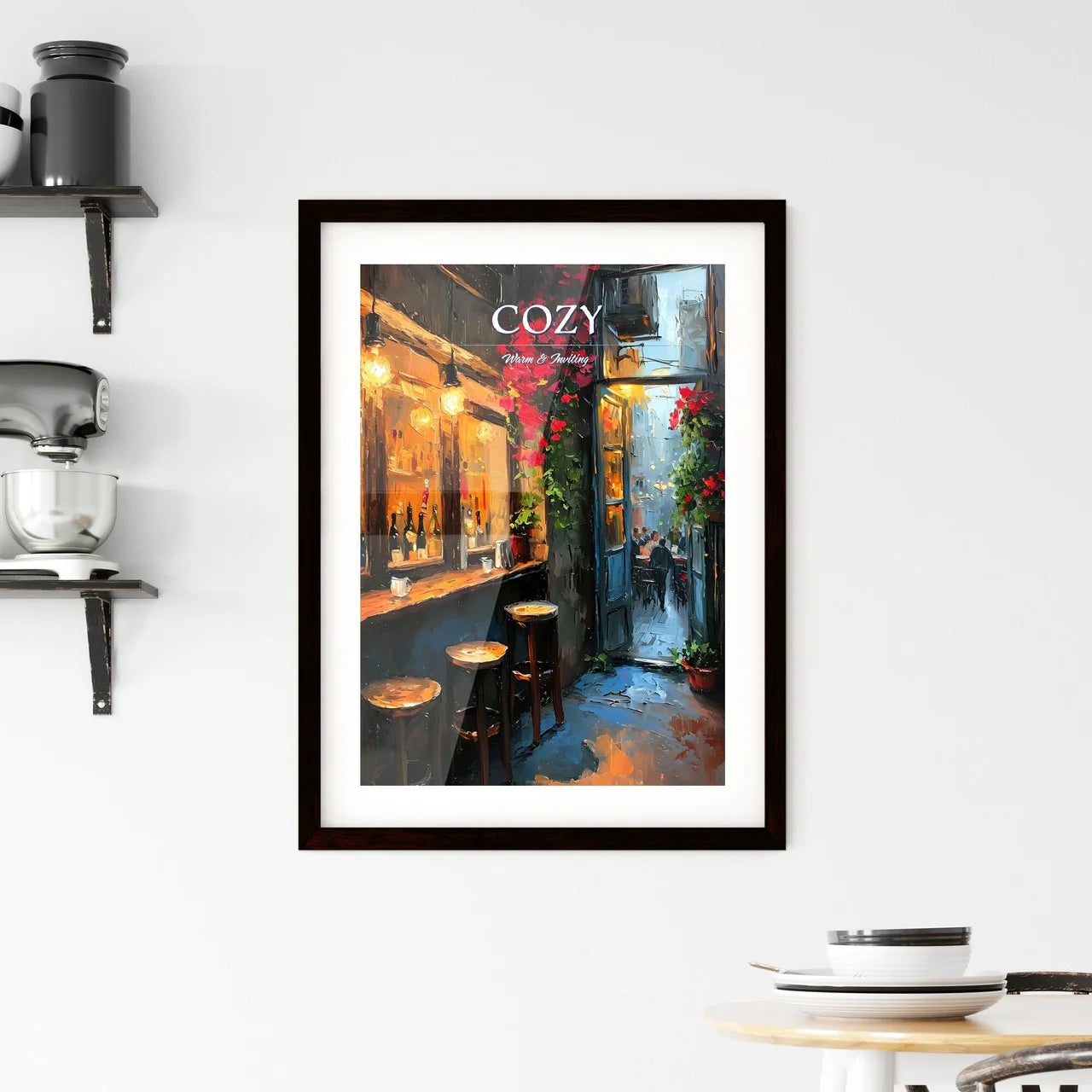 A Poster of bar warm lamp windownight - A Painting Of A Bar With Stools And Flowers Custom Print