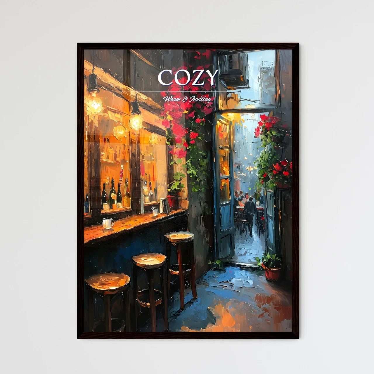 A Poster of bar warm lamp windownight - A Painting Of A Bar With Stools And Flowers Framed Art