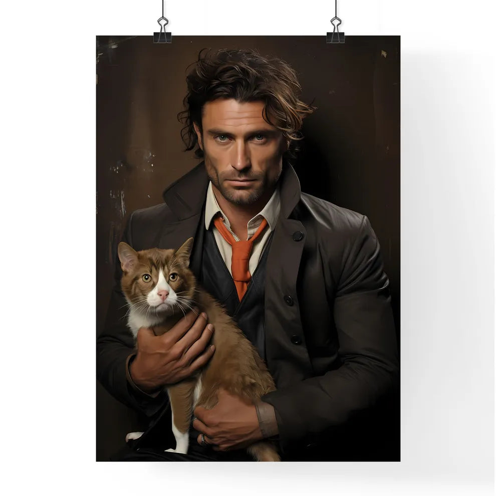 A Poster of a painting of handsome man with cat  Poster