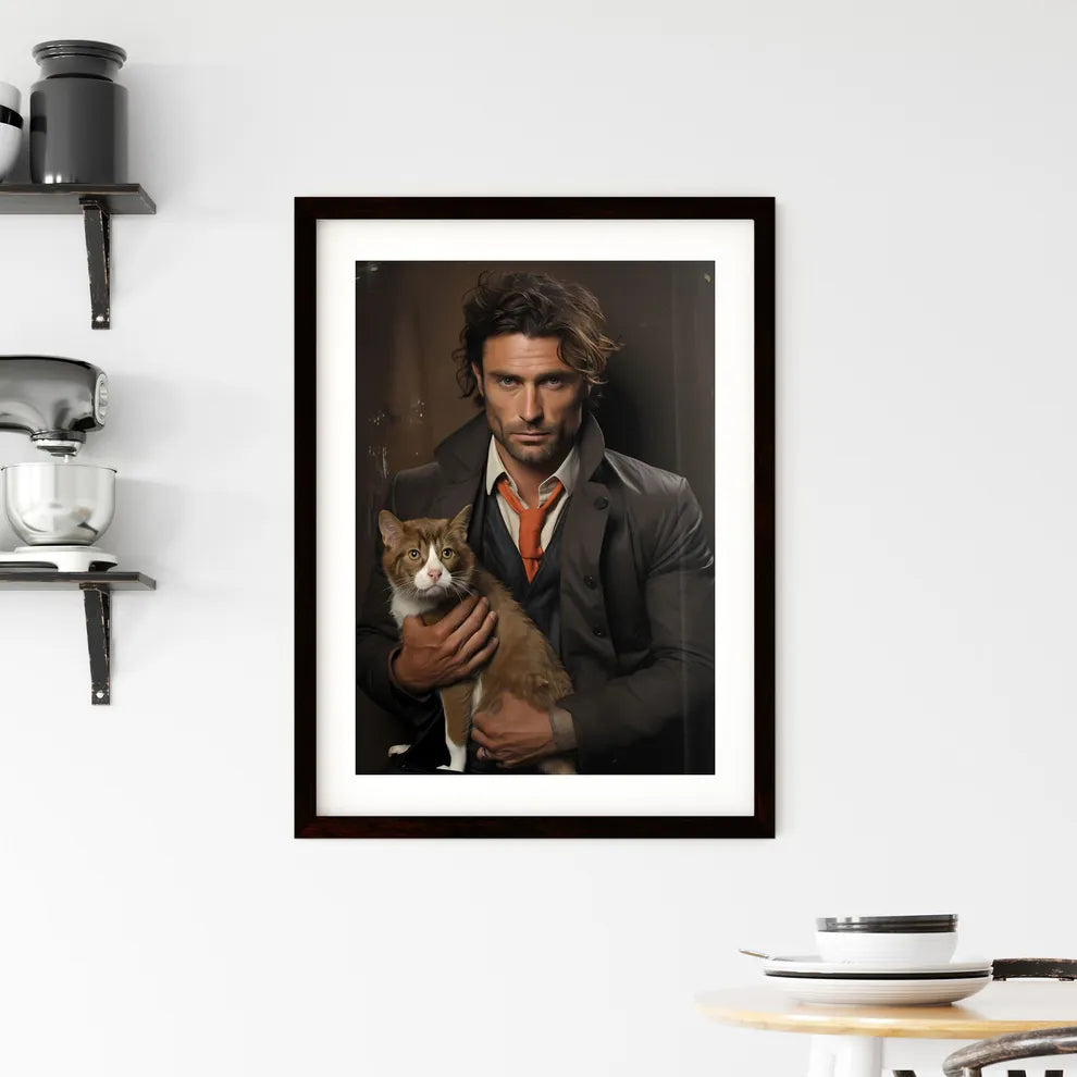 A Poster of a painting of handsome man with cat  Hangings