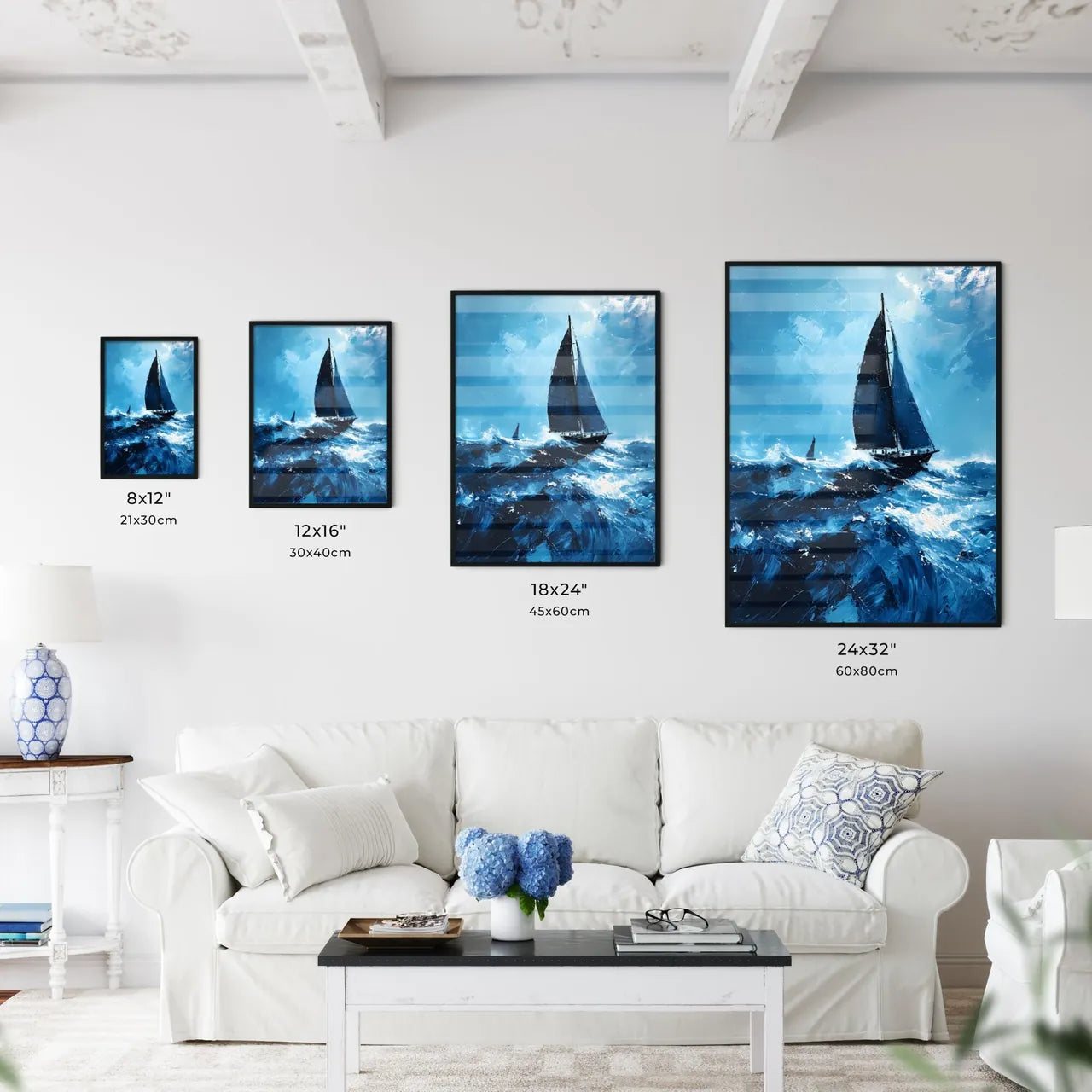 A Poster of Long Beach Art Sketch with clear blue Background  Size Chart