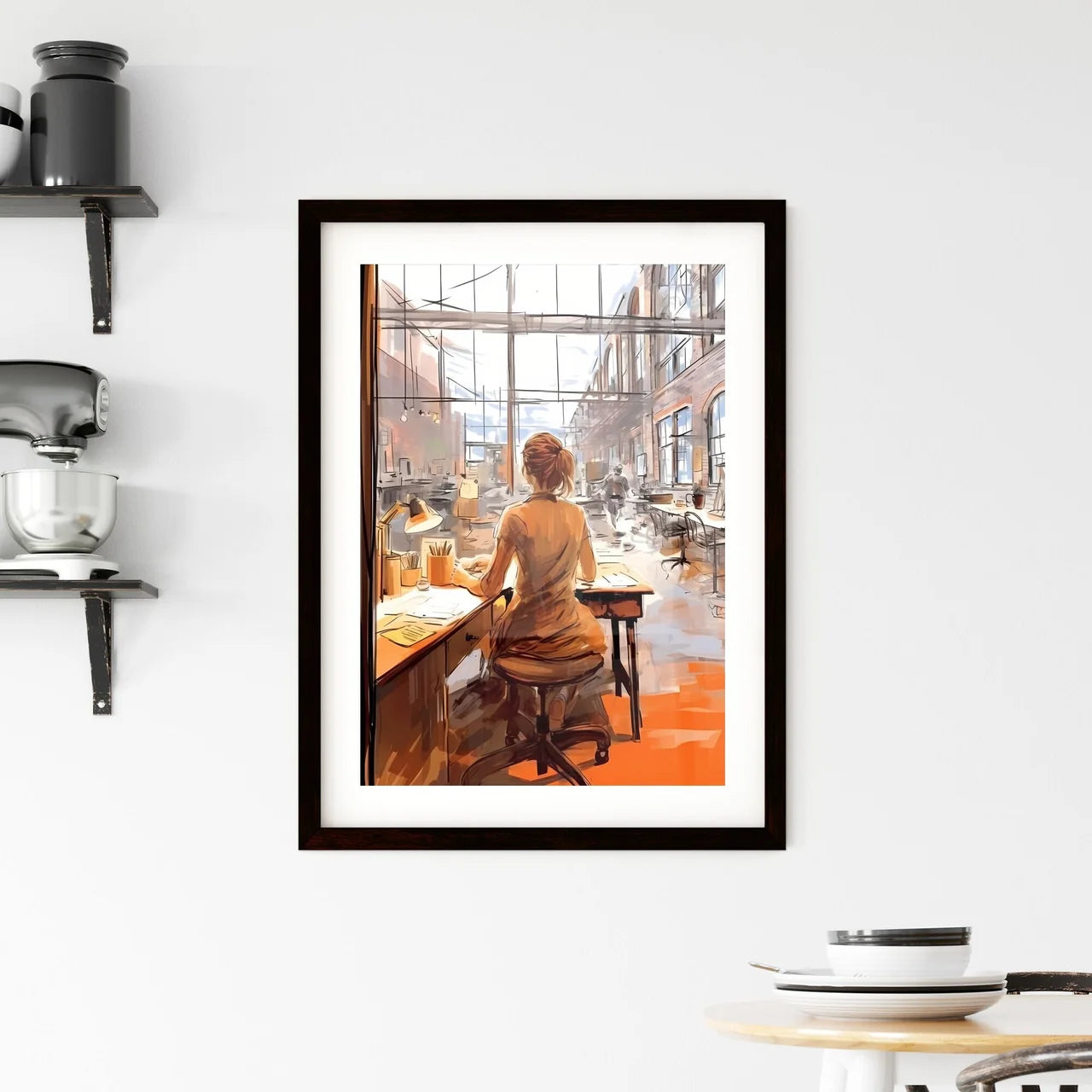A Poster of Woman working at loft office - A Framed Print