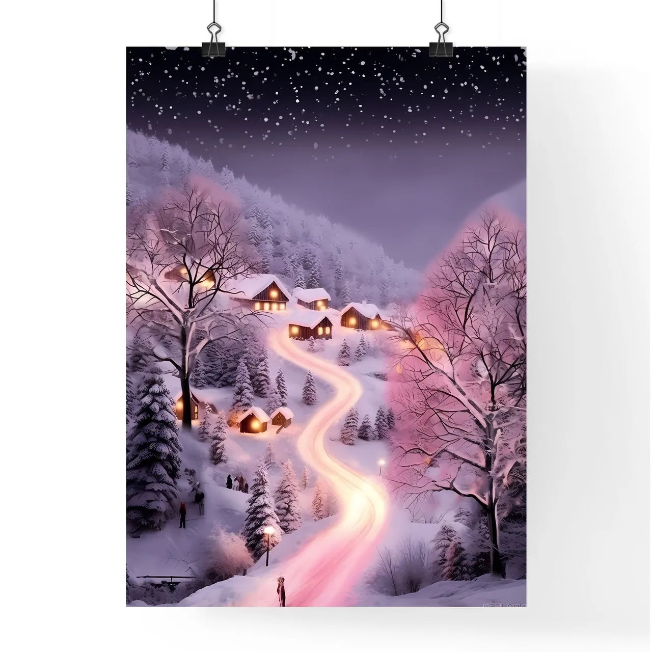 A Poster of beautiful snow scene, pink snow - A Snowy Landscape With Houses And Trees Poster