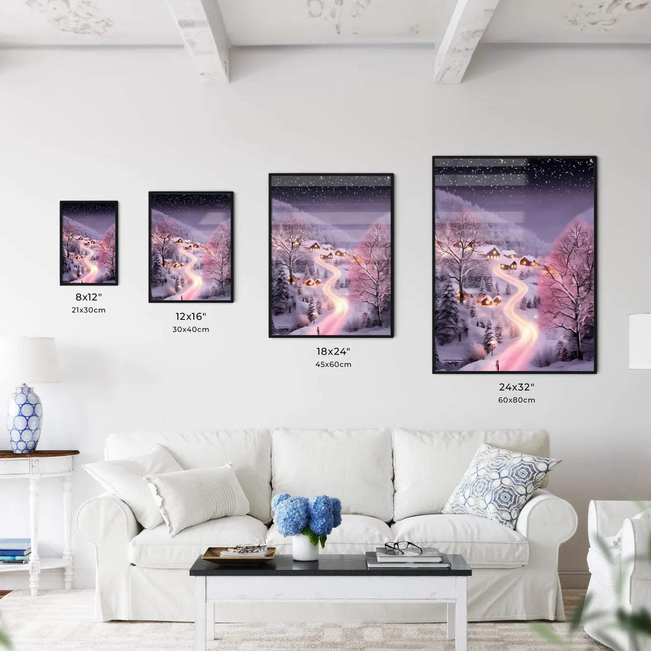 A Poster of beautiful snow scene, pink snow - A Snowy Landscape With Houses And Trees Size Chart