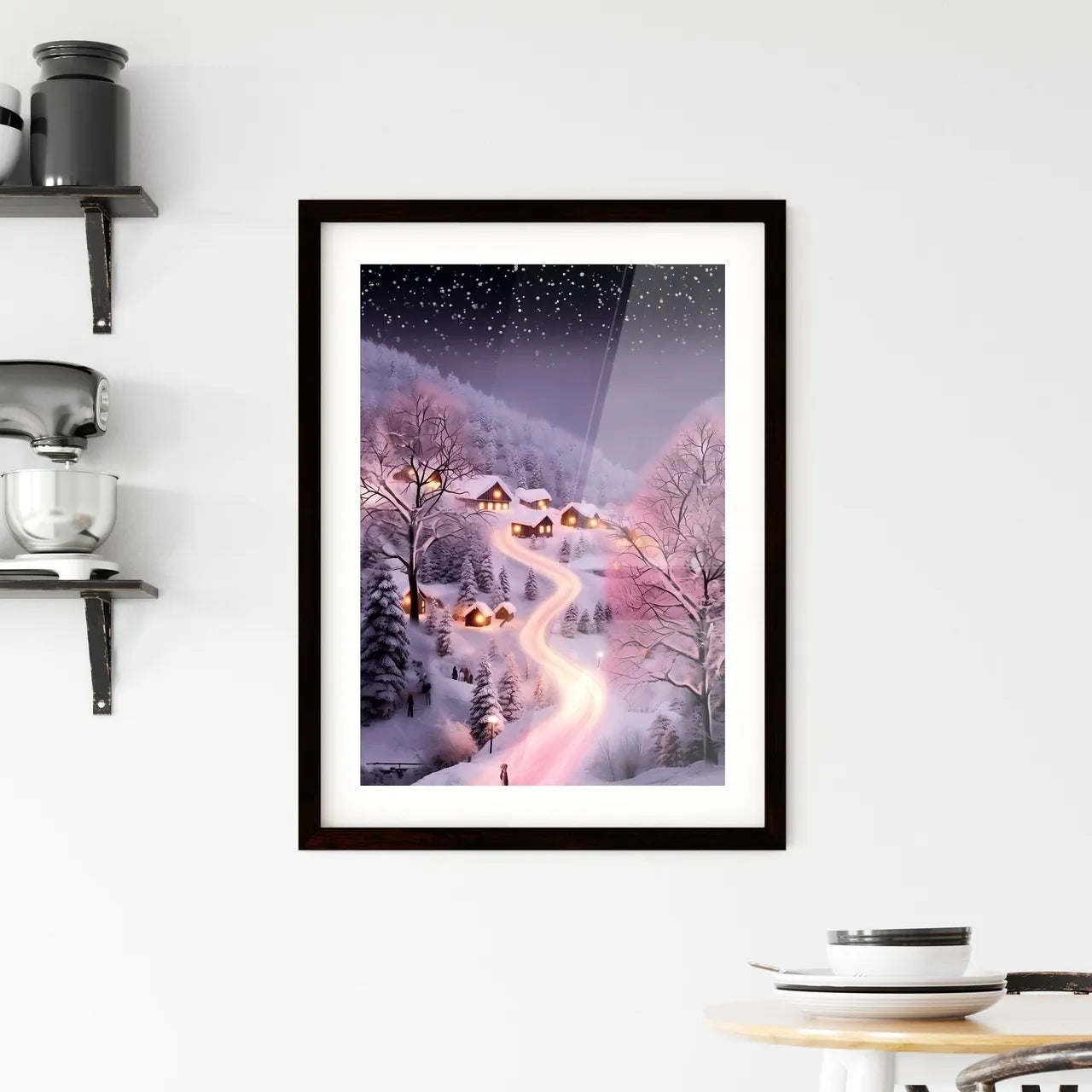 A Poster of beautiful snow scene, pink snow - A Snowy Landscape With Houses And Trees Custom Print