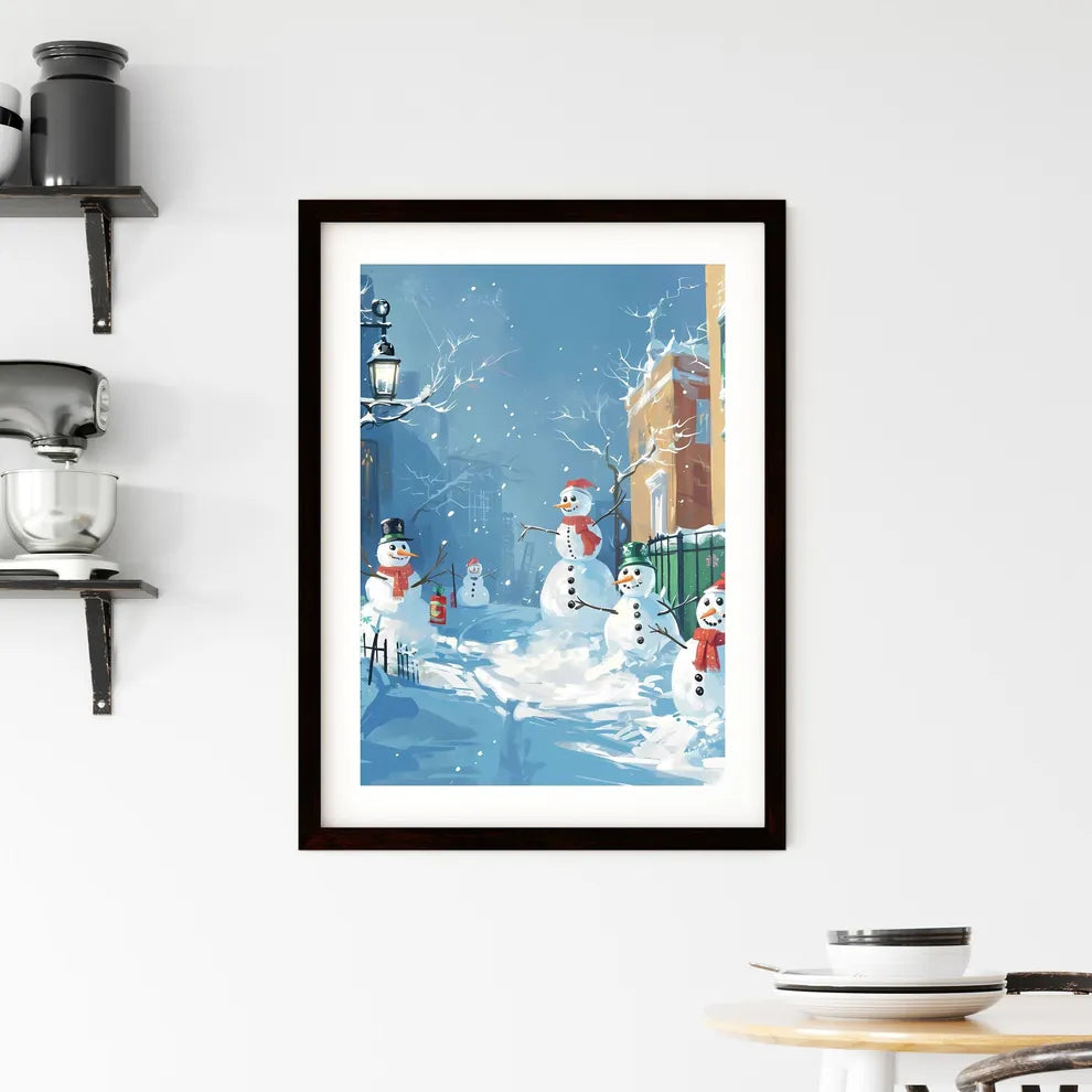 A Poster of snowmen with red scarfs - A Grou Framed Print