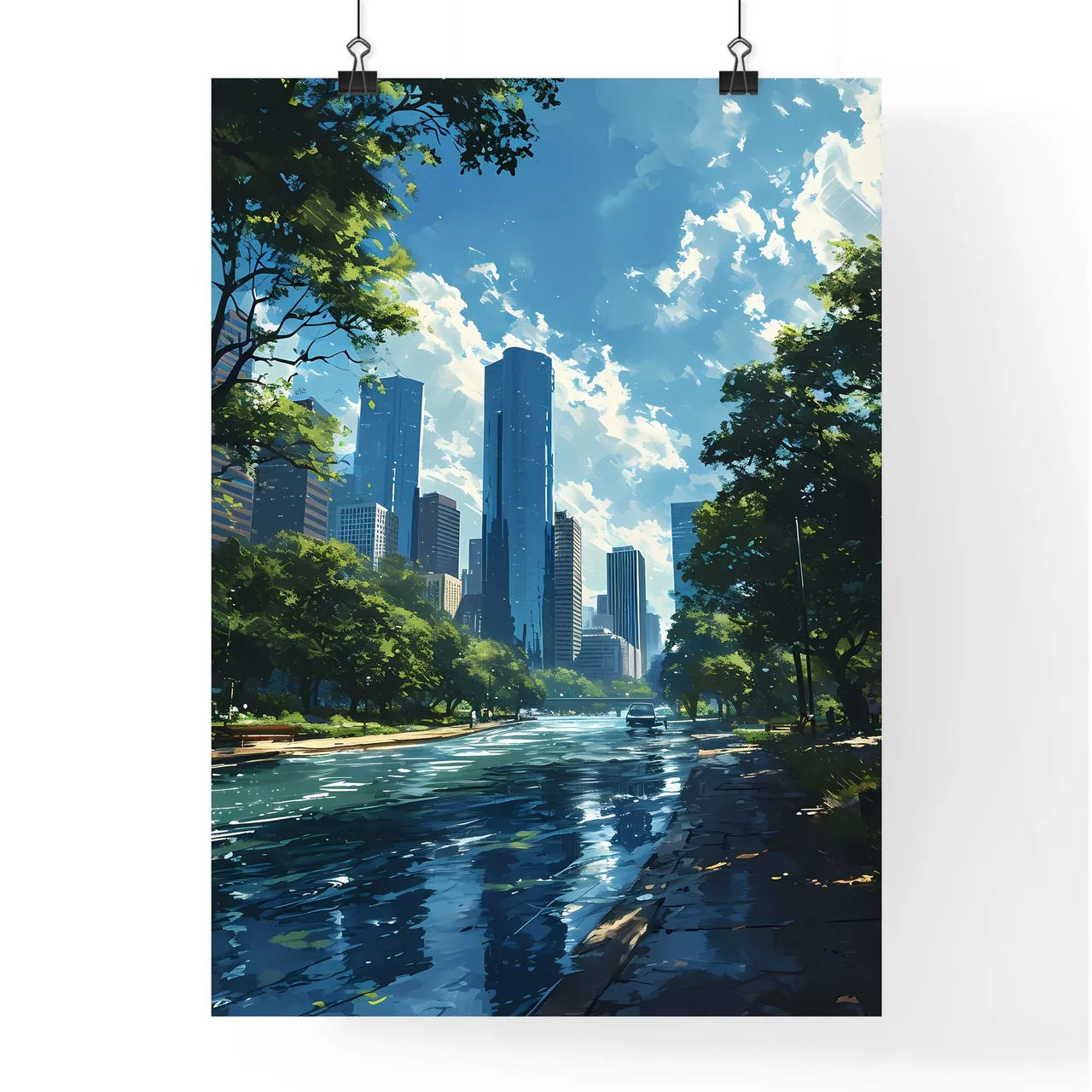 A Poster of Houston Skyline - A River With Trees And Buildings In The Background Poster
