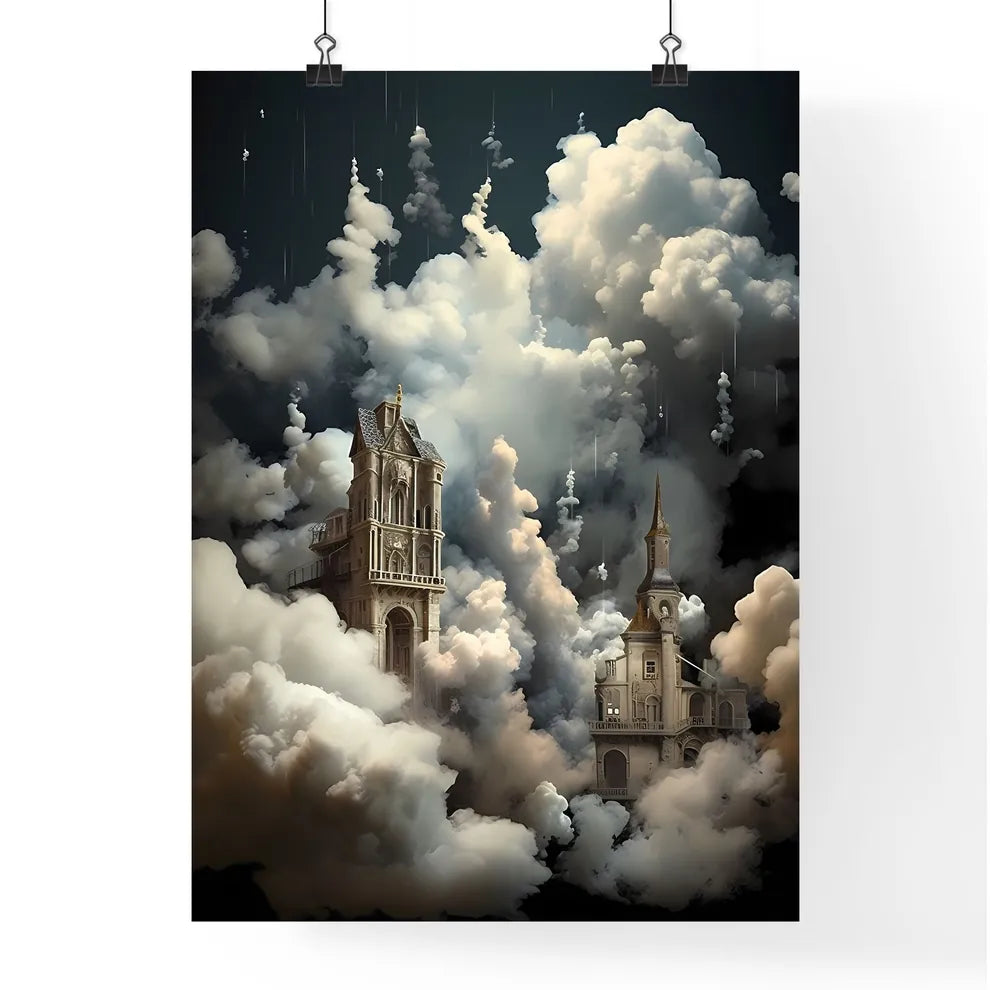 A Poster of clouds are over a dark background - A Building With Towers And Towers In The Clouds Poster
