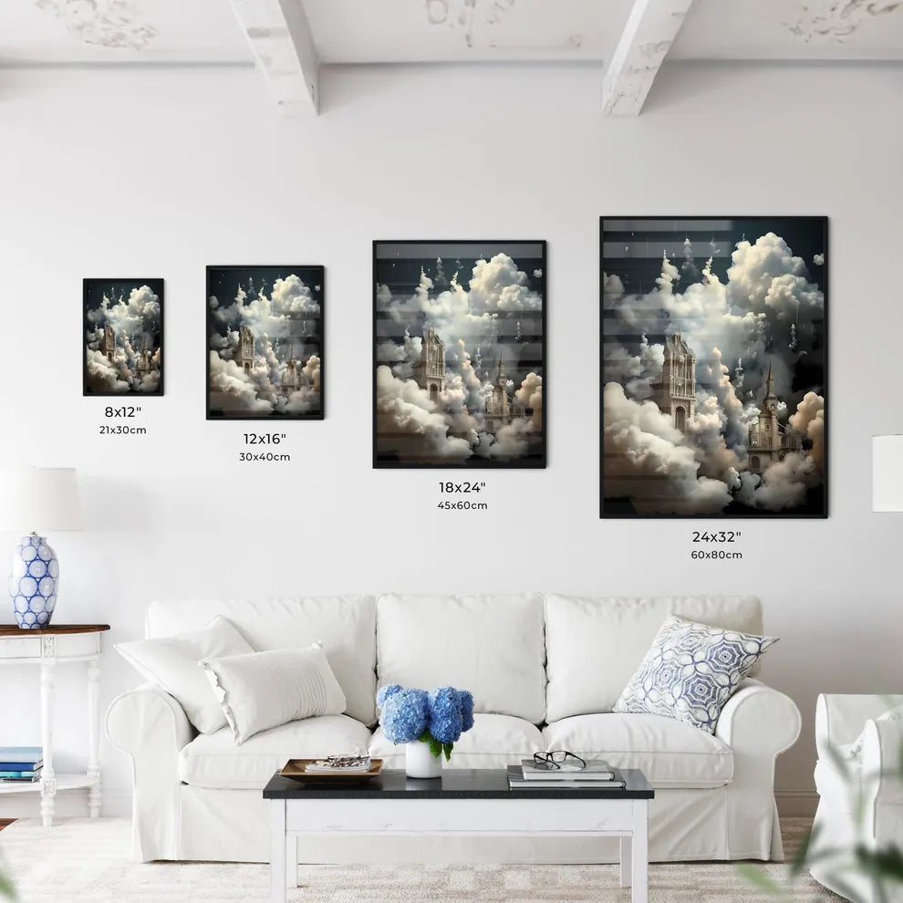 A Poster of clouds are over a dark background - A Building With Towers And Towers In The Clouds Size Chart