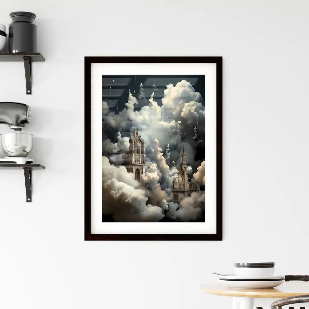 A Poster of clouds are over a dark background - A Building With Towers And Towers In The Clouds Custom Print
