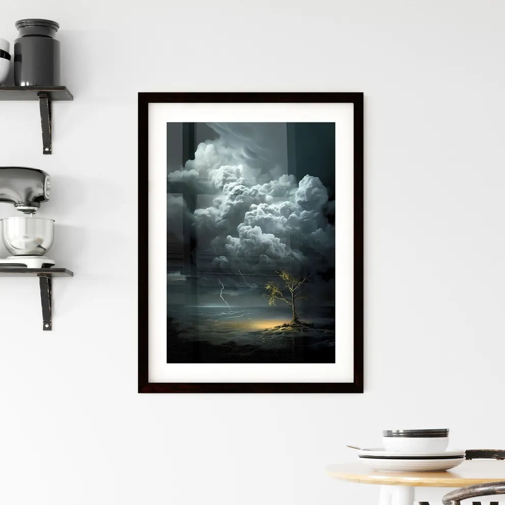 A Poster of clouds are over a dark backgroun Framed Print