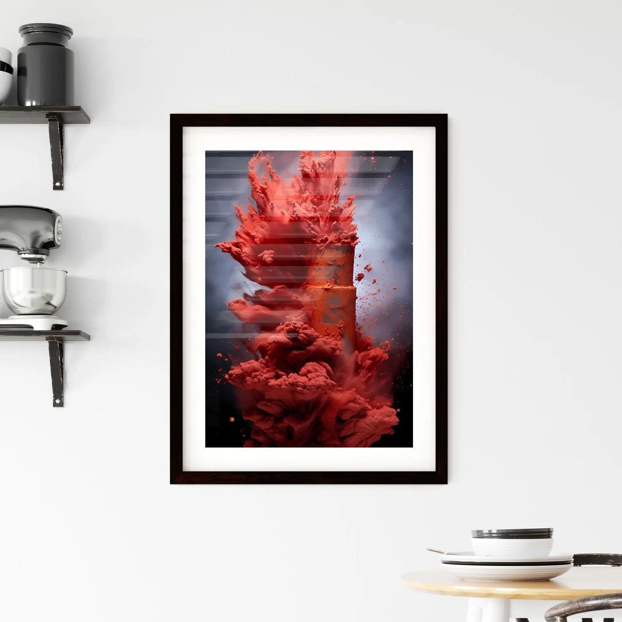 A Poster of powerful explosion of red dust - Framed Print